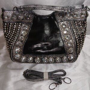 Black & Metallic Silver Tote Bag w/ Studded Snakeskin & Rhinestone Bling! (New)